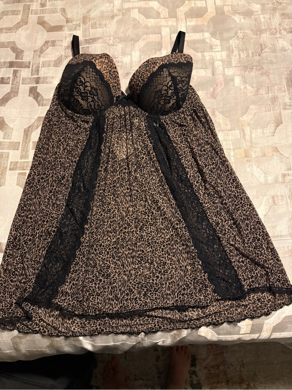 Olga Flirty Leopard Print Lace Babydoll Nightdress - Black/Brown